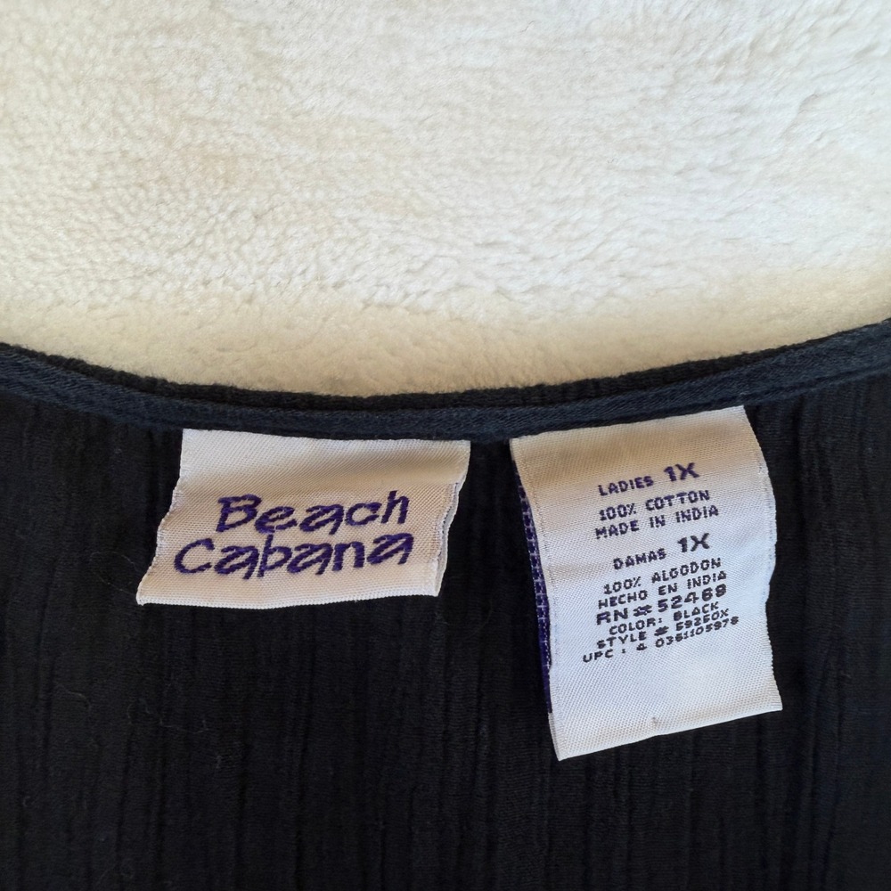 Beach Cabana Black Crinkle Gauze 100% Cotton Button Up Cover Up Top 1X - Picture 7 of 10
